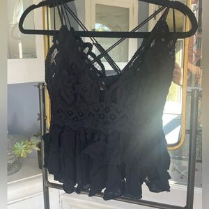 Free People Black Adella Lace Ruffle Top, Medium